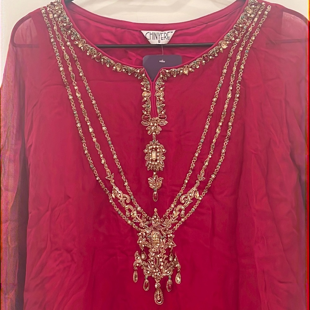 Chinyere Pakistani Designer Kurta Trouser Small Medium Chiffon Formal Pink NWT